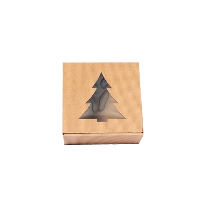 Christmas Gift Box with Christmas tree window in brown, 200x200x100 mm