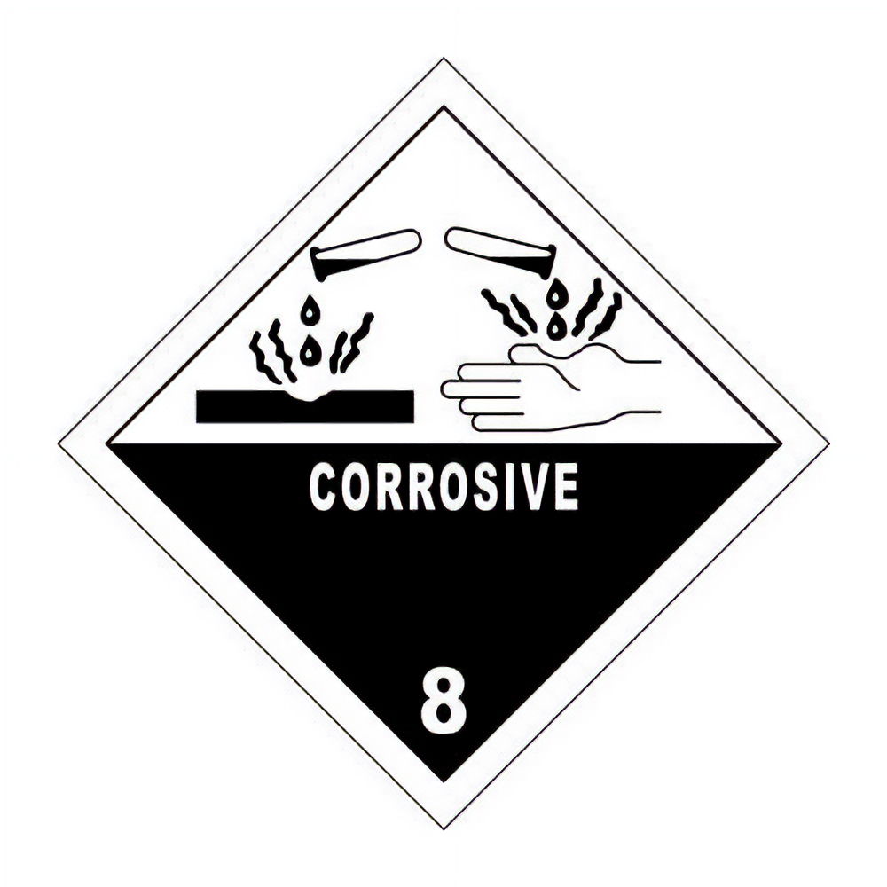 Dangerous goods label «Corrosive substances Cl. 8» with text corrosive. Model Online Shop