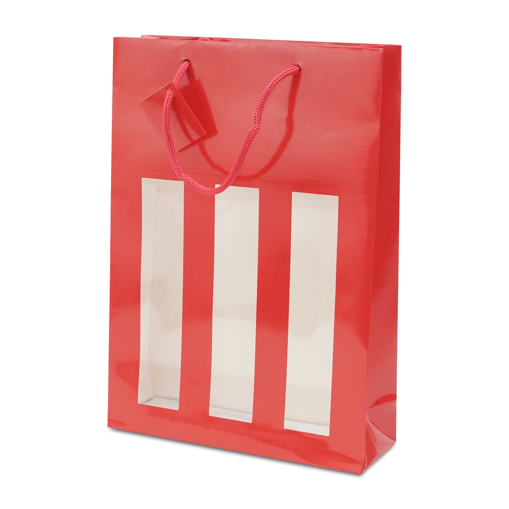 744 - bottle carrier bag with window red glossy for 3 bottles